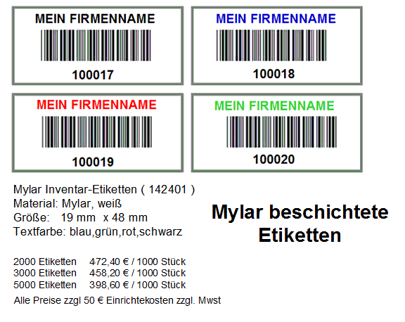 Inventaretiketten beschichtete mit Mylar incl. Barcode Inventuretiketten Inventar Inventaraufkleber, Inventuraufkleber