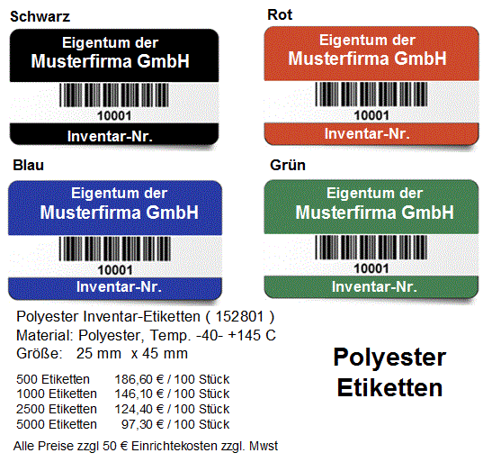 Polyester Inventaretiketten mit Barcode Inventaraufkleber, Inventuraufkleber