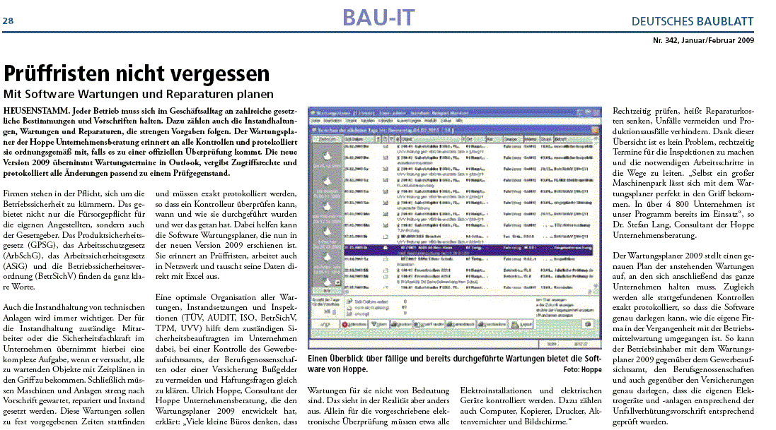 Arbeits- und Betriebssicherheit: L�sung Wartungsplaner auf Erfolgskurs Zahlreiche Unternehmen und Institutionen nutzen System zur Umsetzung der Betriebssicherheitsverordnung.