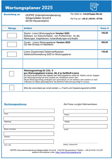 Formular Bestellung Wartungsplaner Prfplaner Instandhaltungssoftware