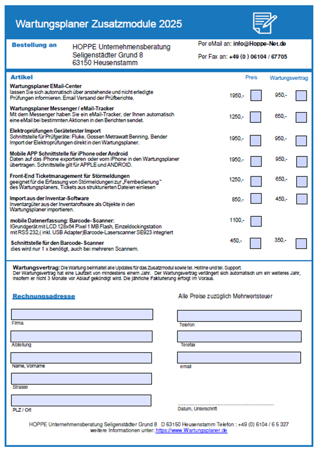 Bestellformular der Zusatzmodule