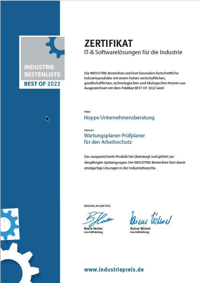 Industriepreis für Arbeitsschutz-Software Zertifikat Wartungsplaner Hoppe Unternehmensberatung