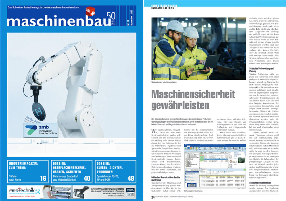 Maschinenbau Schweiz Nov/22. Maschinensicherheit gewährleisten Inventar-Software Wartungsplaner Schweiz
