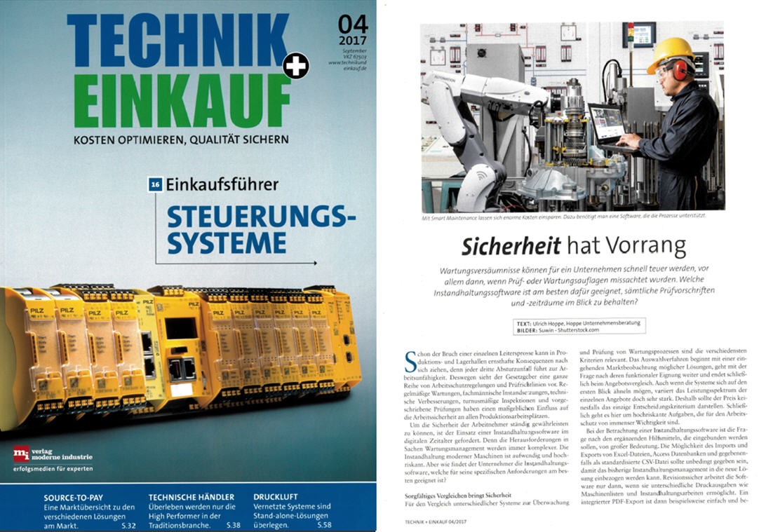 Technik+Einkauf Sep./17 Sicherheit hat Vorgang - Welche Instandhaltungssoftware ist am besten dafr geeignet, smtliche Prfvorschriften und -zeitrume im Blick zu halten.