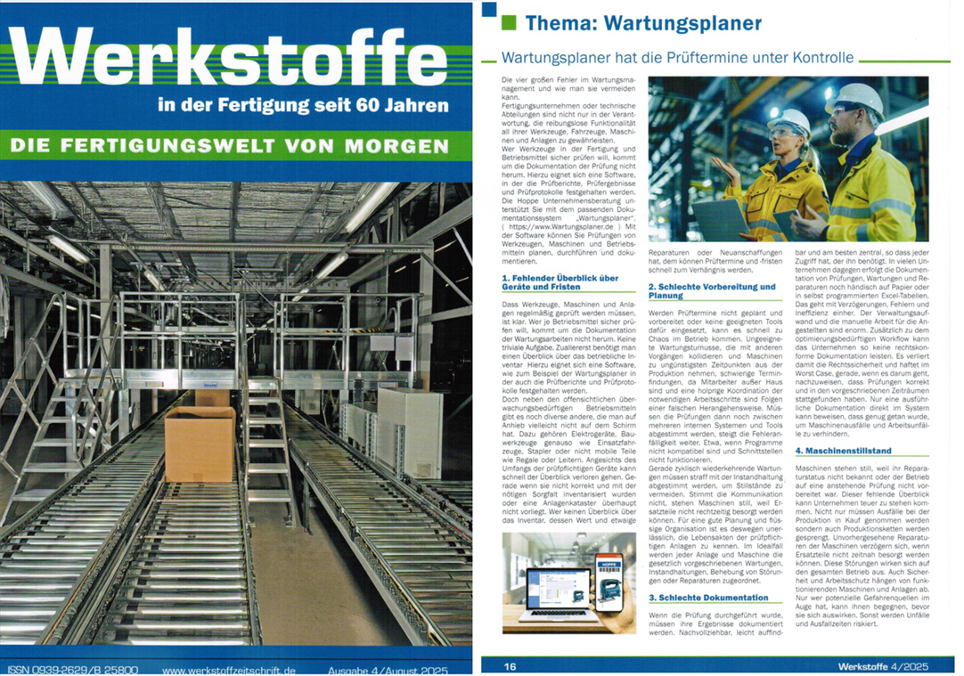 Werkstoffe in der Fertigung  HW Verlag / 08-25 Wartungsplaner Software hat die Prftermine unter Kontrolle